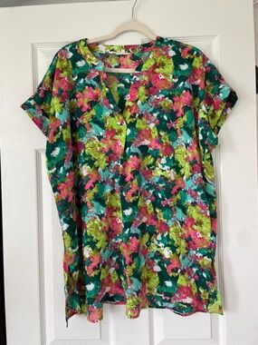 JODIFL V-Neck Floral Abstract Tunic - Green & Pink